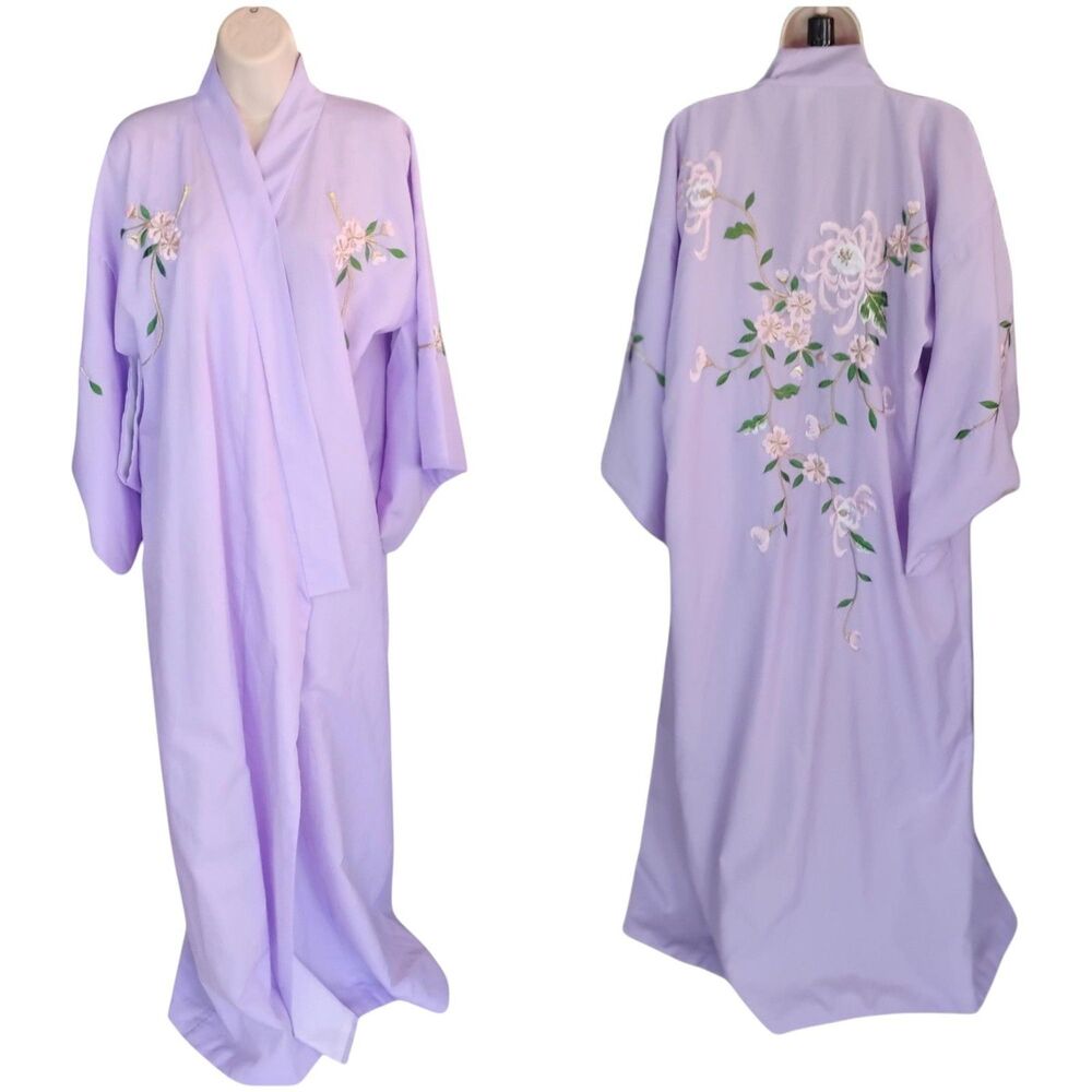 Vintage Kimono Haori Robe Embroidered Floral Polyester Duster Coat Made in Japan